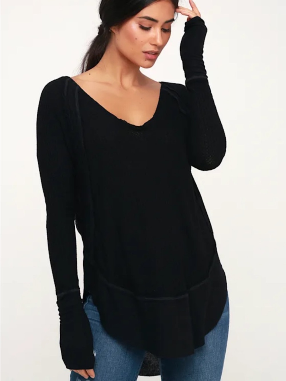 We The Free Black Catalina V-Neck Long Sleeve Thermal Top Size S